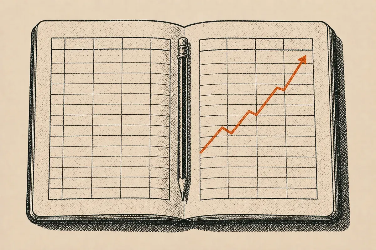 Caderno com uma tabela de acompanhamento mensal e um lápis