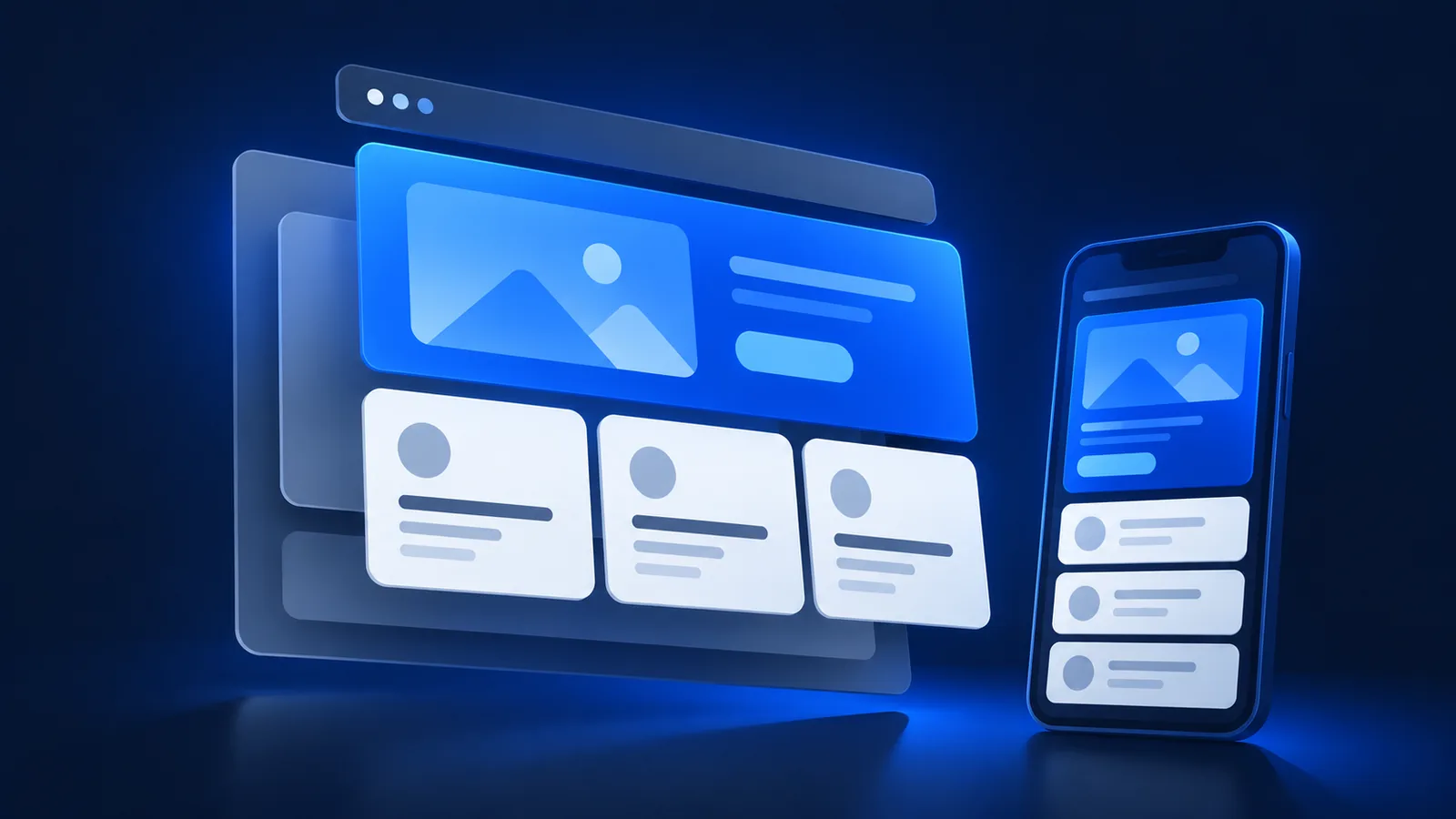Janela de navegador desmontada em camadas flutuantes ao lado de um celular com o mesmo layout