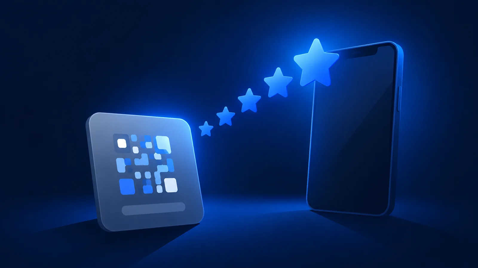 Balcão com padrão quadriculado e uma trilha de cinco estrelas subindo em direção a um celular
